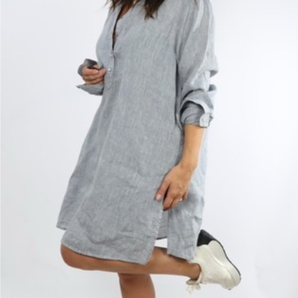 Eileen Fisher Organic Linen Tunic Popover Shirt Dress Chambray Blue‎ Size LG - Picture 12 of 12